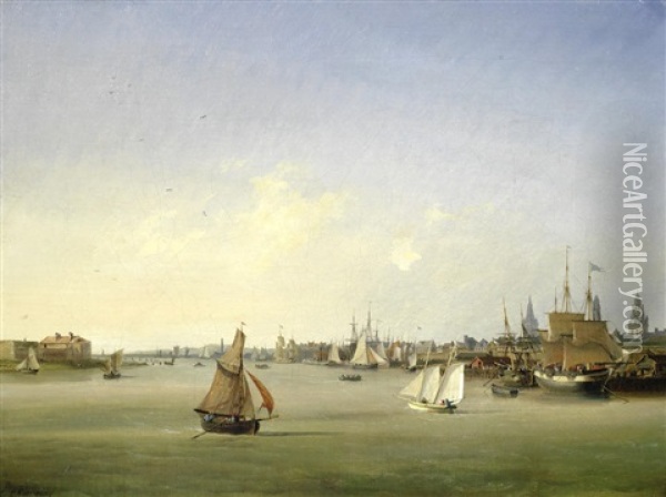 Shipping On The Seine, Rouen Oil Painting - Ambroise Louis Garneray