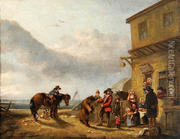 Village Scene With Figures And A Circus Bear Oil Painting - Thomas Smythe