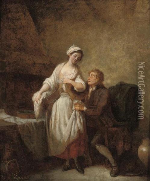 An Amorous Couple In An Interior Oil Painting - Etienne Aubry