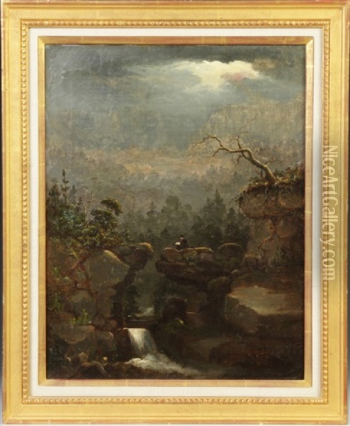Man Overlooking Waterfall Oil Painting - Lemuel Maynard Wiles