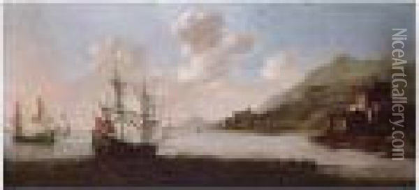 English Man-of-war Off The Coast Oil Painting - Adriaen Van Diest