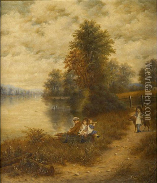 Untitled (children By The River) Oil Painting - Howard Hill