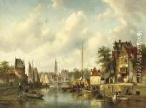 Activities On A Busy Canal In A Sunlit Dutch Town Oil Painting - Charles Henri Leickert