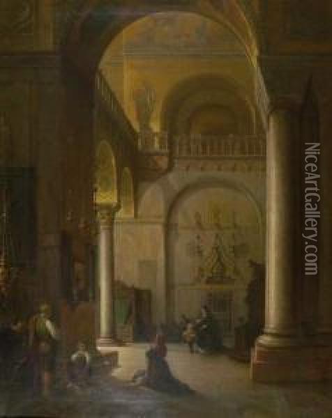 Inneres Der Basilika San Marco In Venedig. Oil Painting - Ludwig Mecklenburg