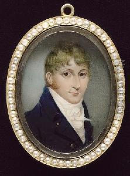 A Gentleman, Wearing Blue Coat, White Waistcoat, Frilled Chemise And Tied Cravat Oil Painting - Sampson Towgood Roche