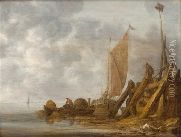 A River Landscape With The Entrance To A Harbour, A Fisherman In A Small Boat With Lobster Pots And A Sailing Boat Oil Painting - Simon De Vlieger
