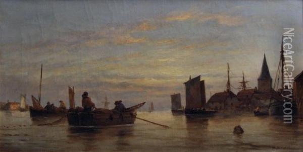 Dutch Canal Scene Oil Painting - Hendrik Pieter Koekkoek