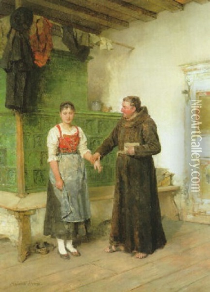 Ein Franziskanermonch Ermahnt Ein Junges Dirndl Zur Sittsamkeit Oil Painting - Mathias Schmid