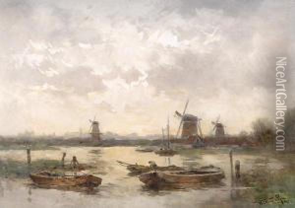 Barges On The Water Oil Painting - Willem Cornelis Rip