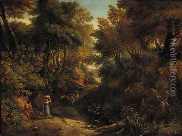 A wooded landscape with a shepherd and a washerwoman on a path Oil Painting - Jean-Francois Millet