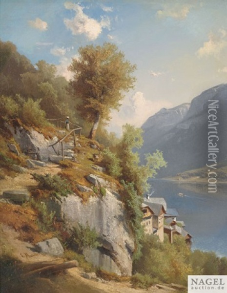 Sommerliche Landschaft Mit Blick Auf Den Hallstatter See Oil Painting - Leopold Munsch