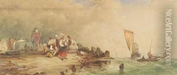 Fisherfolk Waiting For The Fleet Oil Painting - Alfred Herbert