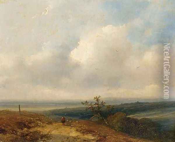 Shepherd in an Extensive Landscape Oil Painting - Johannes Franciscus Hoppenbrouwers