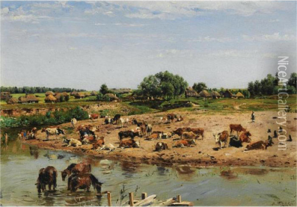 Cattle By The River Oil Painting - Vladimir Egorovic Makovsky