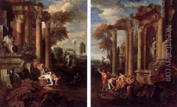 Italianate Landscape With Figures Amongst Classical Ruins Oil Painting - Johann Heinrich Schoenfeldt
