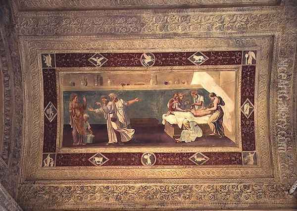 Scene of a doctor attending a sick man, ceiling painting from the Giardino Segreto Oil Painting - Giulio Romano (Orbetto)