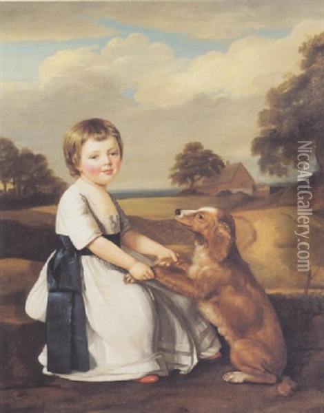 Portrait Of A Child Wearing A Silk Dress And Blue Sash, With A Pet Dog Oil Painting - James Millar