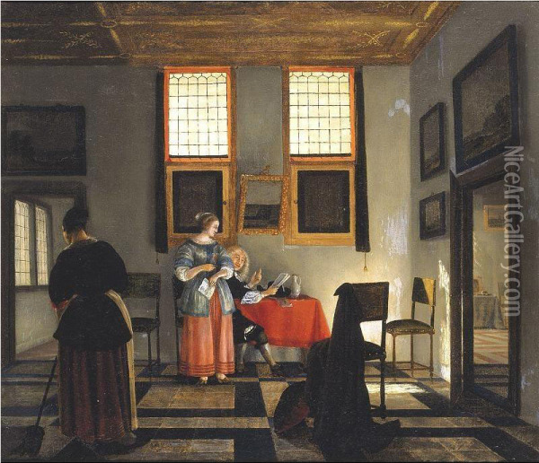 Interior Scene With Figures Seated At A Table Oil Painting - Pieter Janssens Elinga