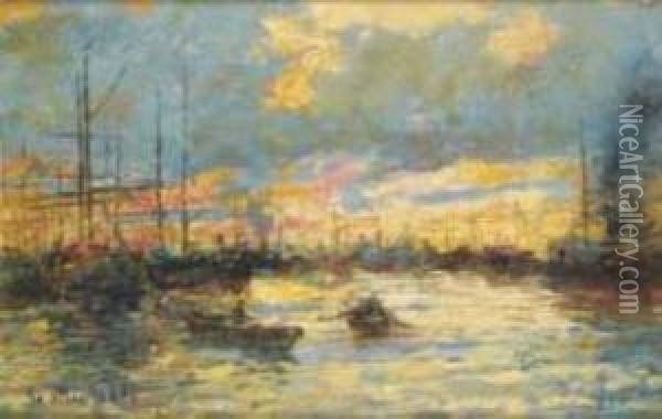 Tramonto Nel Porto Di Livorno Oil Painting - Guglielmo Micheli