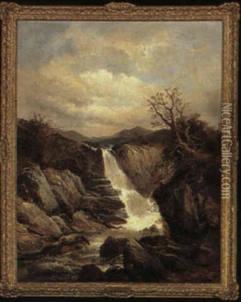 A Welsh Waterfall Oil Painting - Joseph Horlor
