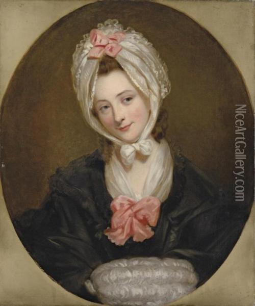 Portrait Of A Lady, Possibly The
 Artist's Wife, Bust-length, In Ablack Dress With A Pink Bow And A Lace 
Cap And Muff Oil Painting - Matthew William Peters