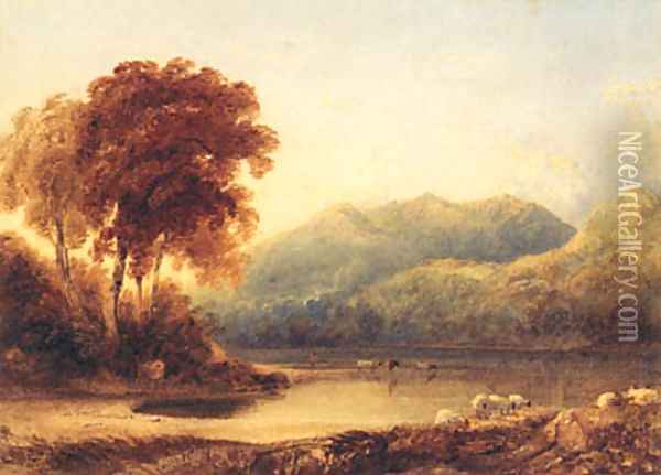 A Herder with Cattle at the Edge of a Lake in a mountainous Landscape Oil Painting - Anthony Vandyke Copley Fielding