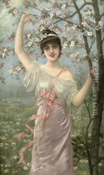 Junge Frau Bei Einem Bluhenden Kirschbaum Oil Painting - Emile Eisman-Semenowsky