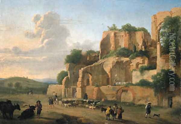The Palatine Hill seen from the Circus Maximus with drovers, livestock and other figures Oil Painting - Hendrik Frans Van Lint