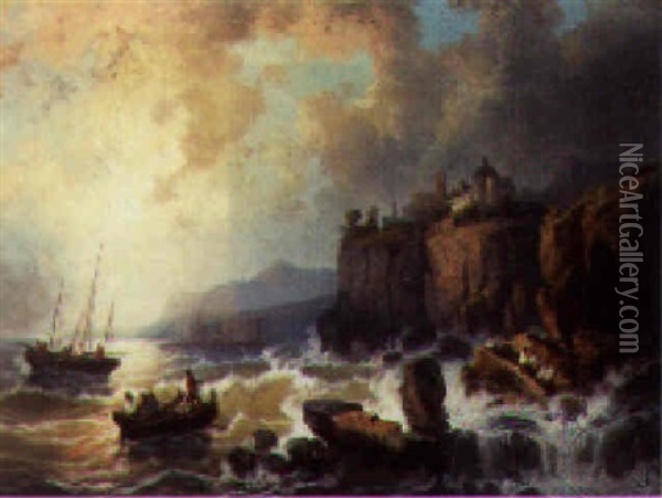Fishing Boats Off A Rocky Coastline, A Hilltop Castle Beyond Oil Painting - Josef Karl Berthold Puettner