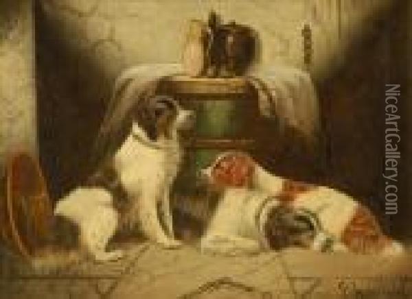 Gundogs In A Barn Oil Painting - George Armfield
