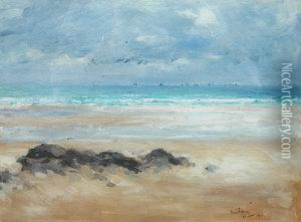 Beach Scene With Yachts On The Horizon Oil Painting - David Foggie