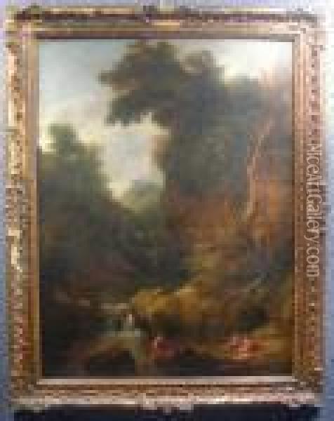 Paesaggio Montano Con Cascata E Donne Al Bagno, Sullo Sfondo Castello Oil Painting - Nicolas Poussin