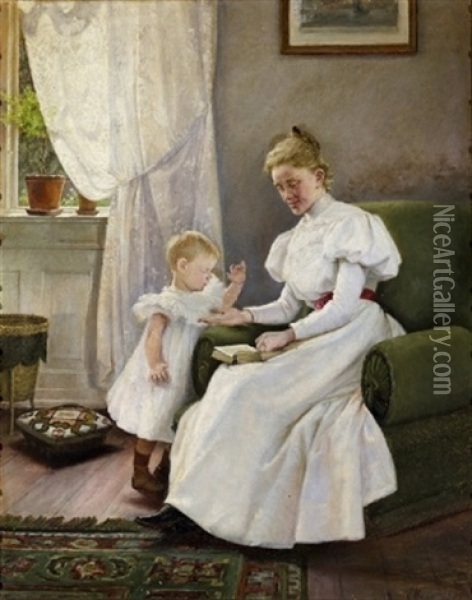 Interior Med Laesende Moder Og Barn Ved Vinduet Oil Painting - Emilie (Caroline E.) Mundt