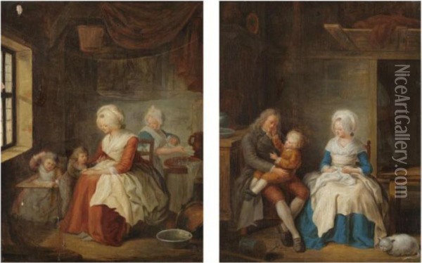 An Interior With A Couple Playing With Their Child Oil Painting - Jean Baptiste Greuze