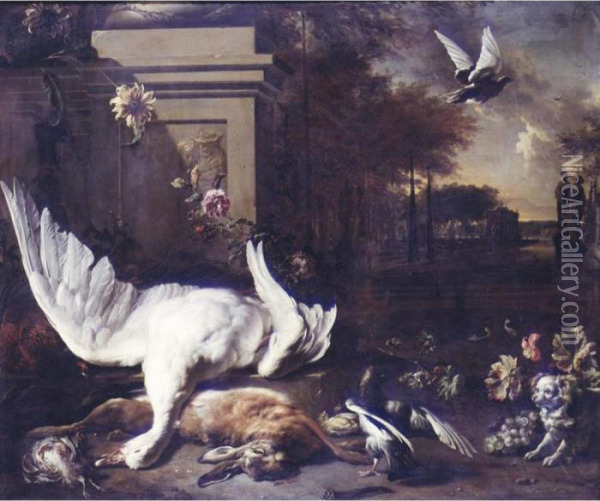 A Still Life Of Game By A Stone 
Monument, Including, A Swan, A Hare, Game Birds, A Spaniel, A Jay And A 
Pigeon In Flight, An Extensive Water Garden Beyond Oil Painting - Jan Weenix