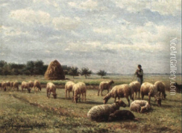 Shepherd Boy Watching His Flock Oil Painting - Jean Ferdinand Chaigneau