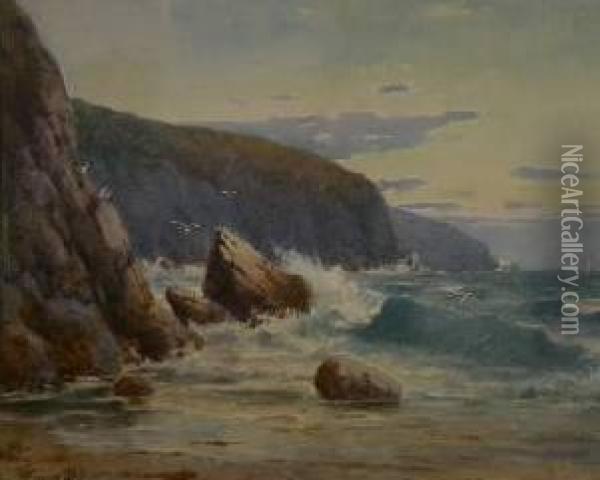 Stormy North Wales Coastal Scene Oil Painting - Warren Williams