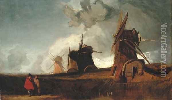 Drainage Mills in the Fens, Croyland, Lincolnshire, c.1830-40 Oil Painting - John Sell Cotman