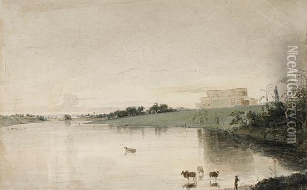 An Indian View Of A Grand Home Before Ariver Oil Painting - William Daniell RA