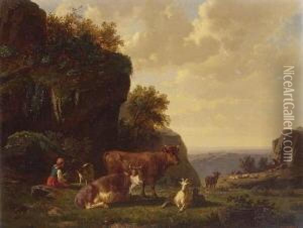 Kleine Hirtin Mit Ziegen Und
 Kuhen Oil Painting - Wilhelm Kuhling