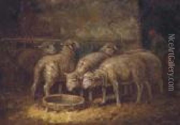 Sheep Watering In A Stable Oil Painting - Charles Emile Jacque