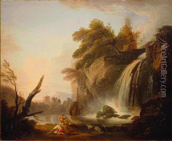 Figures Before A Waterfall Oil Painting - Jean-Baptiste Lallemand