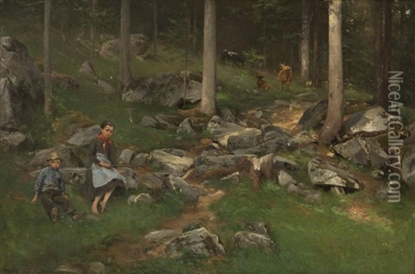 Part Of A Wood With Girl, Boy And Cows Oil Painting - Axel Ender