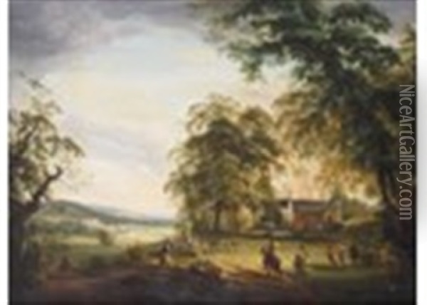 An Extensive Landscape With Elegant Figures In The Foreground Near A Manor House With A River And Castle Beyond, Possibly Arundel Oil Painting - Paul Sandby
