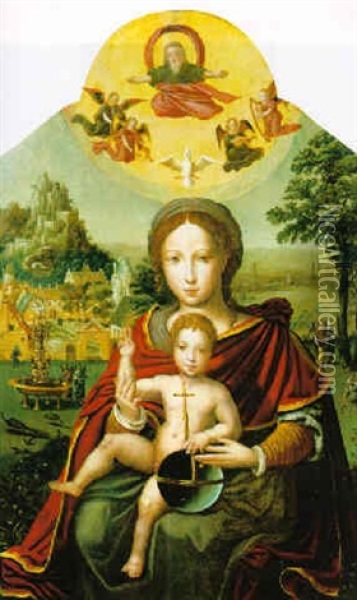 Maria Mit Dem Jesusknaben, Die Weltkugel Haltend In Einer Landschaft Oil Painting - Lucas Gassel