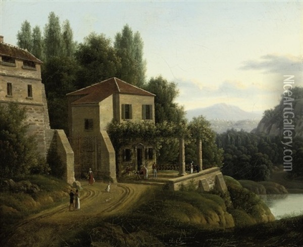 An Italianate River Landscape With Elegant Company Before A Villa Oil Painting - Jean Victor Bertin