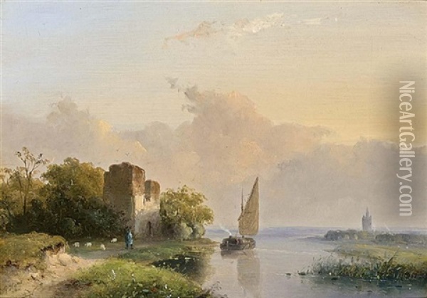 Figures In A River Landscape Near Delft Oil Painting - Josefus Gerardus Hans