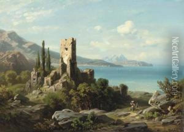 Figures Walking Past Ruins On A Coastal Path, With The Seabeyond Oil Painting - August Seidel