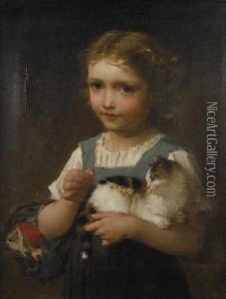 Girl With Kitten Oil Painting - Emile Munier