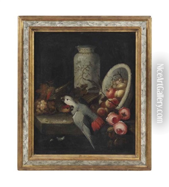 A Pair Of Parrots With Grapes, Roses, Peaches, An Orange And A China Vase And Bowl Oil Painting - Jakob Bogdani